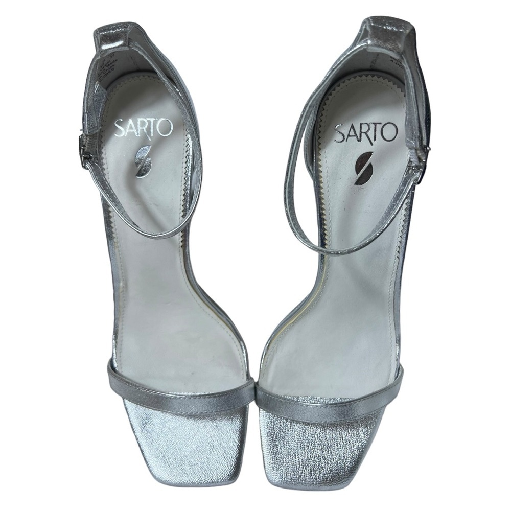 Franco Sarto Dolores Silver Leather Ankle Strap Heeled Sandals, Size 10 - Picture 2 of 9